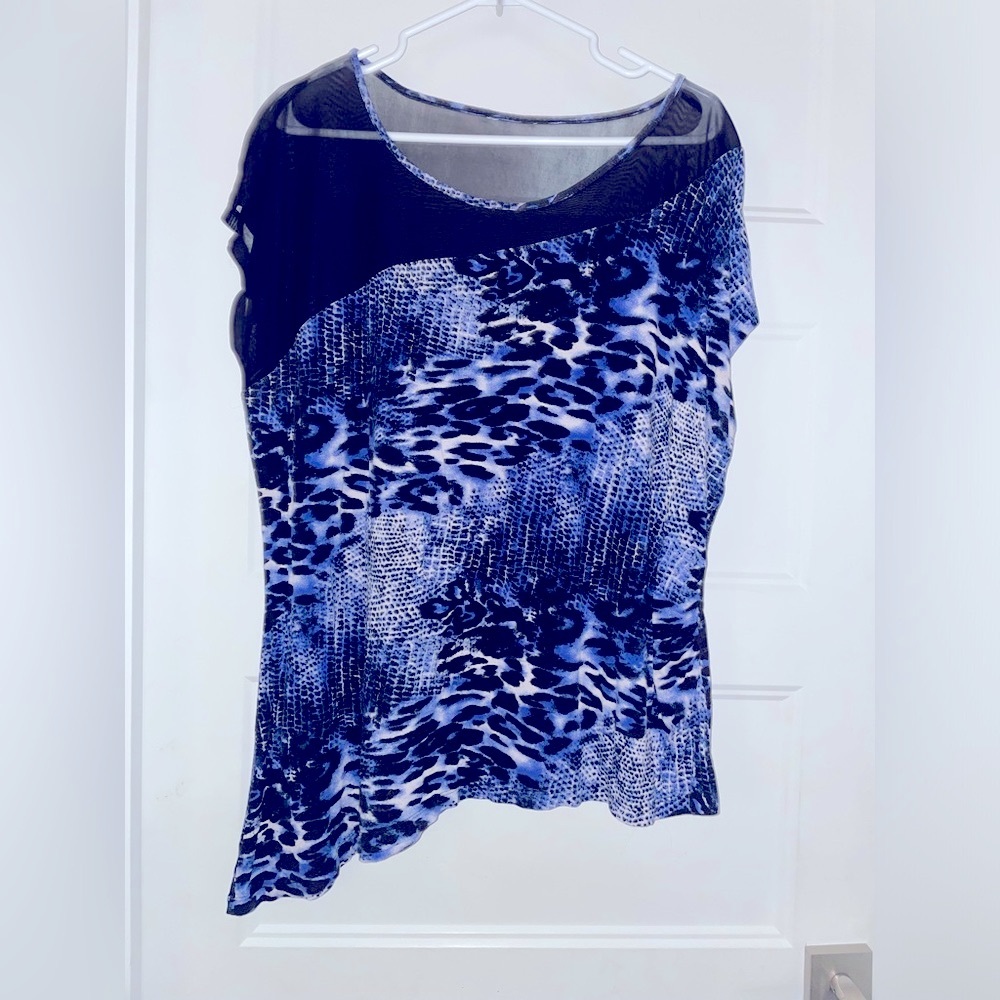 Blue Animal print asymmetrical top with black sheer for women 2X